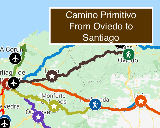 mapa del camino primitivo, el camino de santiago más antiguo