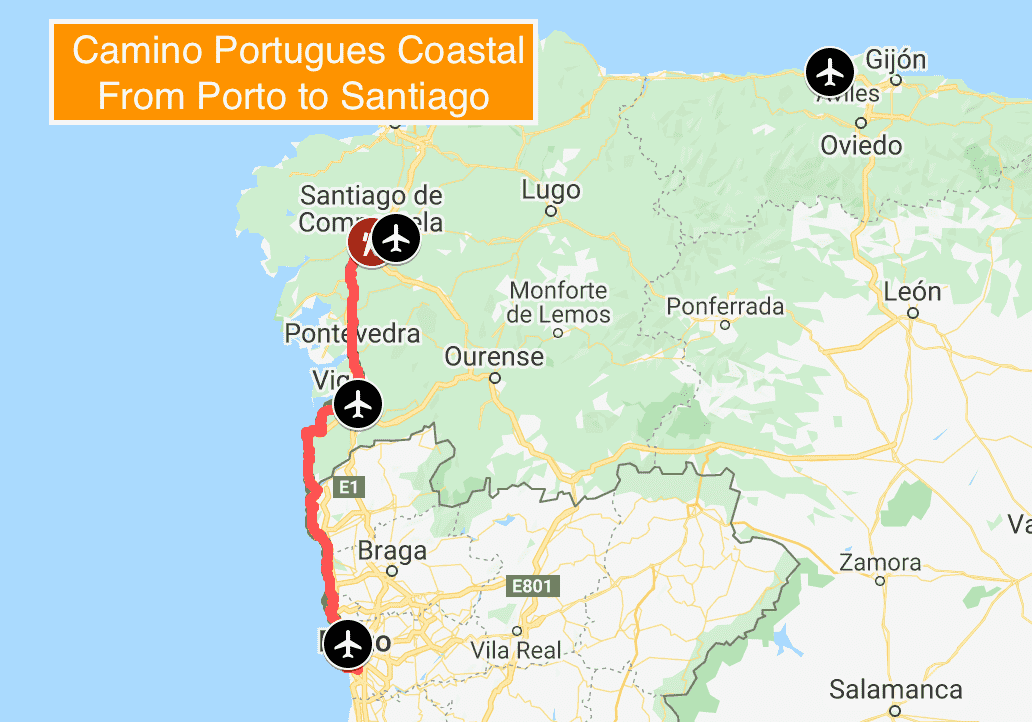 mapa del camino portugues Camino Portugués por la Costa