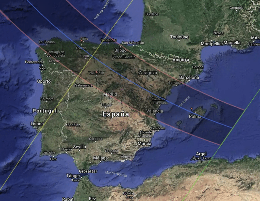 Map showing the path of the 2026 Solar Eclipse in northern Spain, including Burgos, León, Ponferrada, and Camino de Santiago routes.