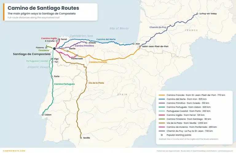 Map of the main Camino de Santiago routes in Spain, Portugal and France, all ending in Santiago de Compostela