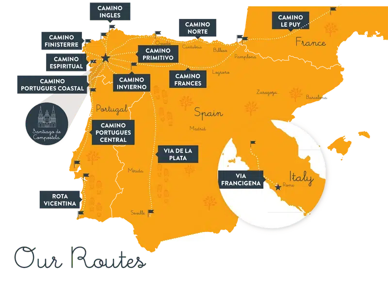 Map of the main Camino routes across Spain, Portugal, France and Italy, all leading to Santiago de Compostela