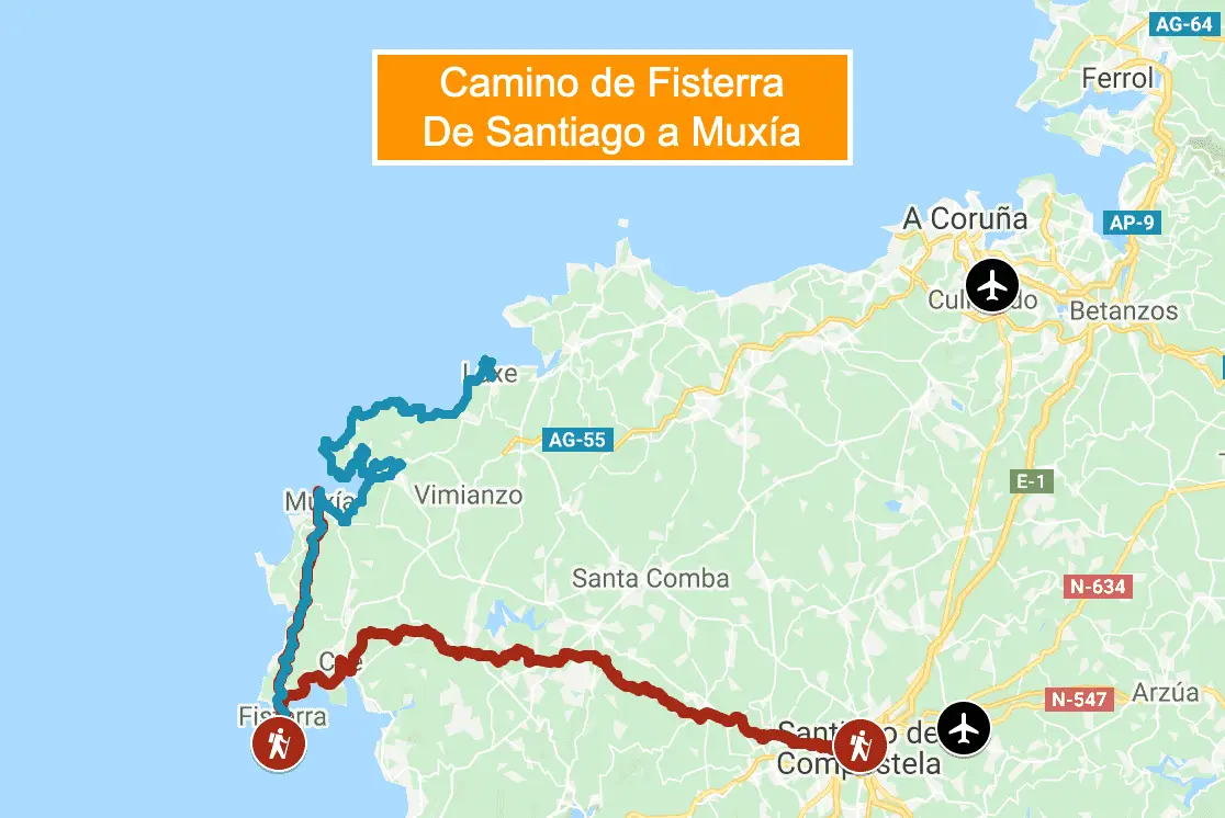 Mapa del Camino de Fisterra, de Santiago de Compostela a Fisterra y Muxía