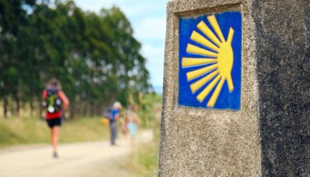 Pilgrims walking the Camino de Santiago in 2027 Holy Year, with scallop shell waymarker in the foreground