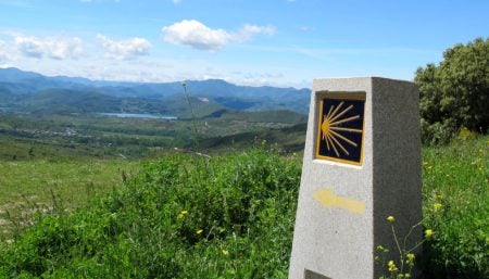 Yellow arrow and scallop shell marking the Camino de Santiago trail through the Spanish countryside.
