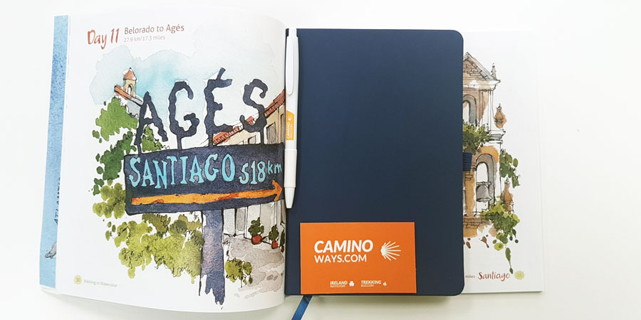 Example of a Camino diary next to 'Walking in Watercolor' by Jennifer Lawson