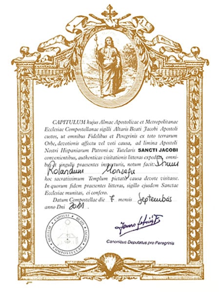 Compostela pilgrim Certificate for the Camino de Santiago